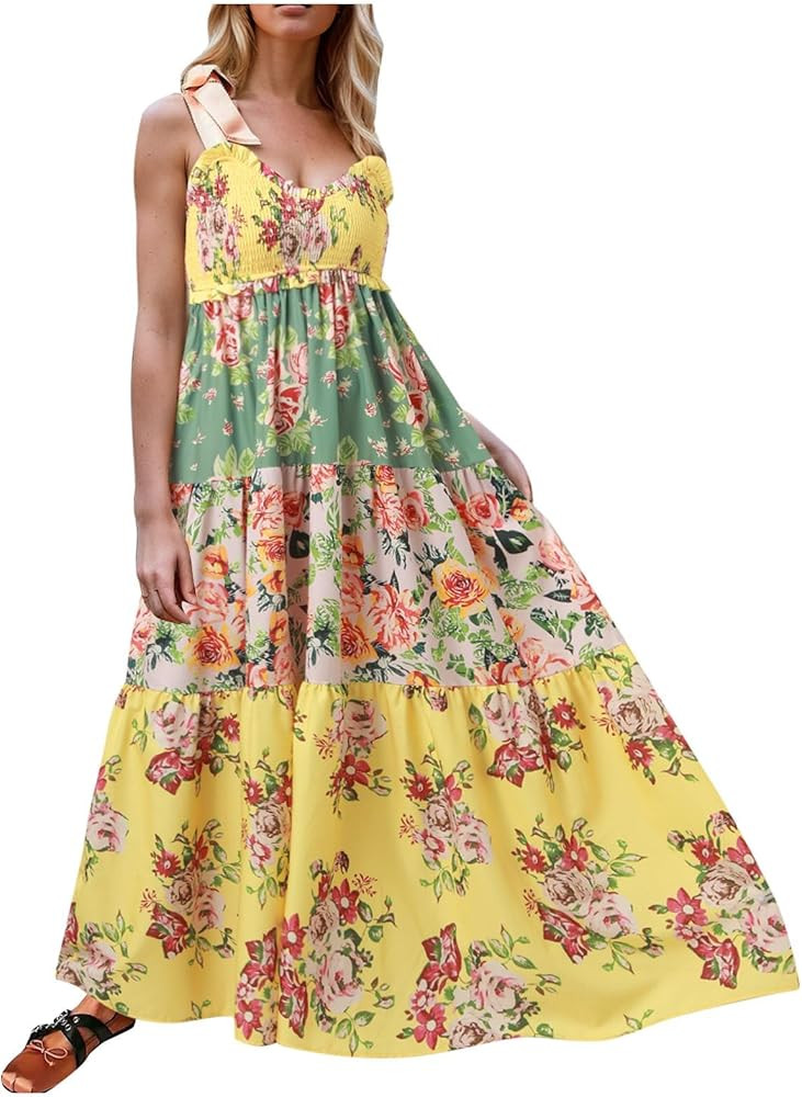 Women Summer Dresses Flowy Smocked Maxi Dress Sleeveless Tie Shoulder Boho Dresses Y2K Floral Bea... | Amazon (US)