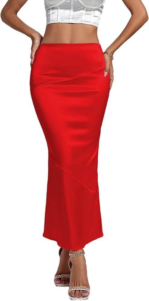 Rooscier Women's Satin Silk Bodycon Split Back High Waist Elegant Club Maxi Skirt | Amazon (US)