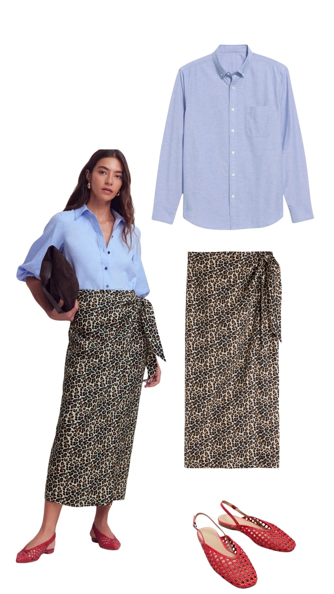 Tried to recreate this Boden look with a few  look for less pieces. 

I snagged the Boden skirt and then paired it with a men’s oxford button down from Old Navy and Banana Republic Factory shoes for half the price of the Boden ones. 

Shoes are true to size and comfy. 

I got a men’s small in the top.

Size 6 for me in the skirt  