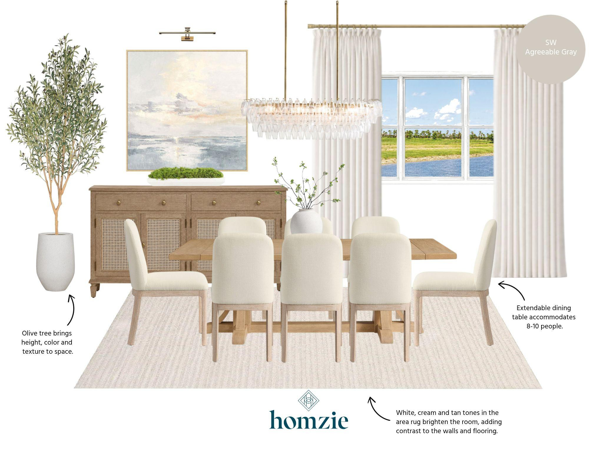 Natural light wood furniture sets a warm, inviting foundation, while a statement chandelier adds an elevated focal point. A rug layered in white, cream, and tan brightens the space and creates beautiful contrast against the soft gray walls. A faux olive tree brings height, texture, and a touch of greenery, while coastal-inspired artwork adds just the right amount of color and sophistication.

Thoughtfully layered for a look that's timeless, welcoming, and effortlessly refined.

#LTKHome #DiningRoomDesign #DiningRoomDecor #CoastalStyle #NeutralHome #InteriorDesign #HomeDecor #TimelessInteriors #LTKCreator 

 