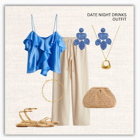 Date night outfit 🥂 

‼️Don’t forget to tap 🖤 to add this post to your favorites folder below and come back later to shop

Make sure to check out the size reviews/guides to pick the right size

Muslin pull on pants, ruffled top, date outfit, summer outfit, date night look, gold sandals, raffia clutch, blue satin top, blue earrings 

#LTKSeasonal #LTKStyleTip