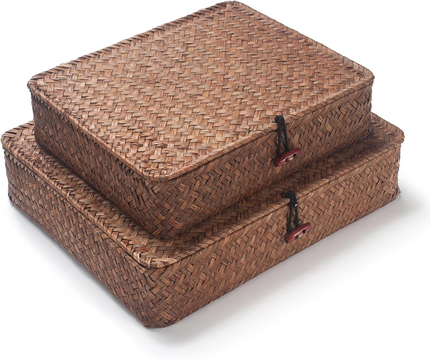 Seagrass Storage Basket Bins with Lid Rectangular Woven Shelf Baskets for Organize Snack Toys Set of 2 (Large+Small) (Coffee) | Amazon (US)