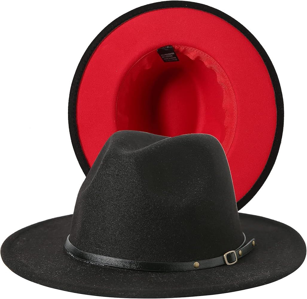 JOYEBUY Women Lady Two Tone Wide Brim Panama Hat Patchwork Colors Classic Fedora Hat with Belt Bu... | Amazon (US)