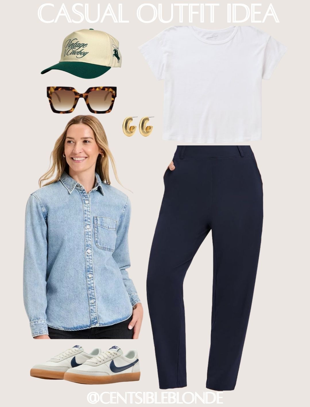 Vintage trucker hat, navy pants, ankle pants, pull on pants, tortoise sunglasses, white tee, denim shirt, Nike sneakers, white and blue, gold hoops, gold earrings, electric picks, Amazon pants, casual outfit, coffee run, errands, car pickup, weekend outfit, breakfast outfit 

#LTKBump #LTKMidsize #LTKootd