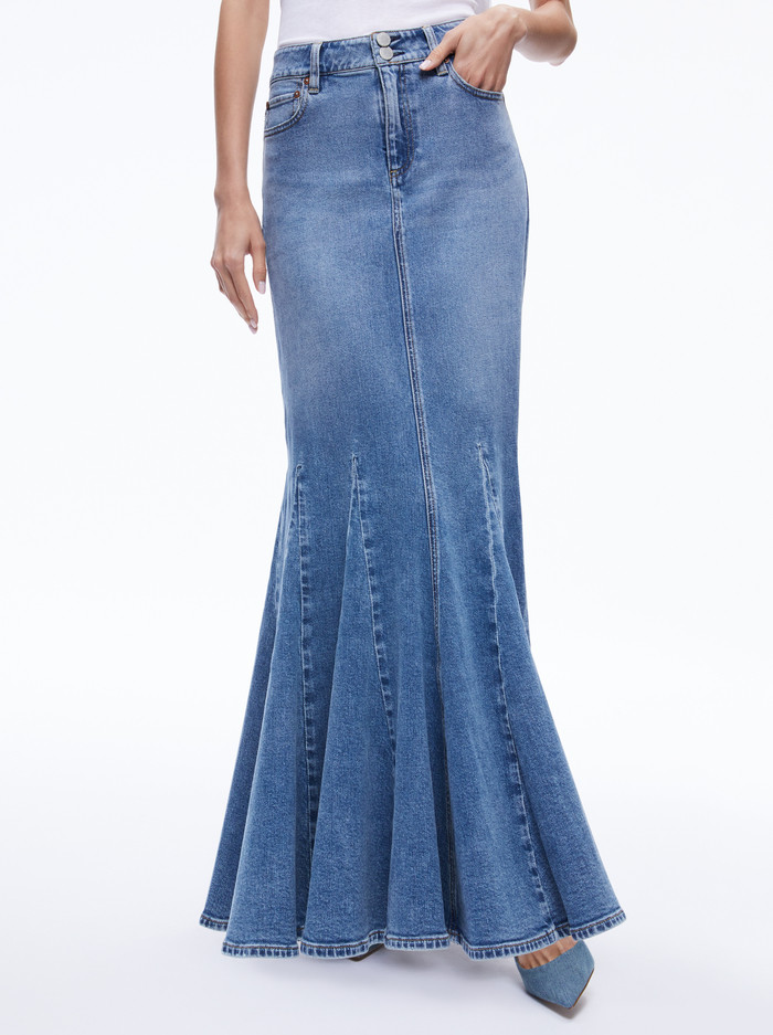 NALA DENIM GODET MAXI SKIRT | Alice + Olivia