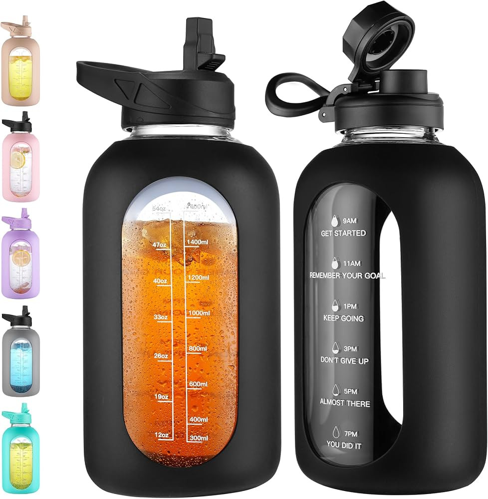 CIVAGO 64 oz Glass Water Bottle Jug with Straw and Handle, Half Gallon Sports Motivational Water ... | Amazon (US)