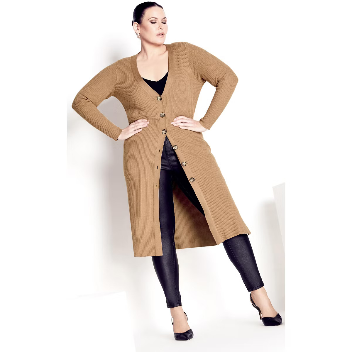 Women's Plus Size Button Knit Cardigan - camel | AVENUE | Target