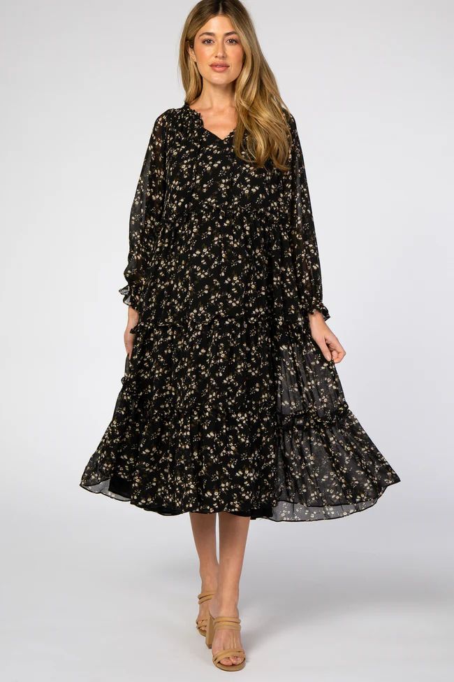 Black Floral Chiffon Tiered Maternity Midi Dress | PinkBlush Maternity