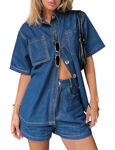 Womens Denim Set Casual Short Sleeve Denim Top and jeans Shorts Lounge Sets Summer Two Piece Sets For Women Outfits Blue_M | Amazon (US)
