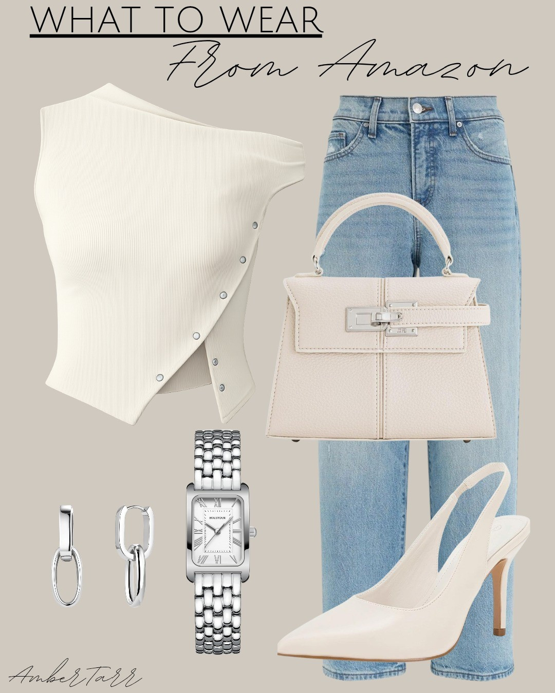 Clean, elevated everyday outfit featuring an ivory one-shoulder top paired with light-wash straight-leg jeans. Styled with classic white slingback heels, a structured neutral handbag, silver minimalist jewelry, and a timeless rectangular watch for a polished yet effortless look. Perfect for daytime errands, brunch, casual meetings, or an easy chic outfit that transitions from day to night. This is a modern capsule-style outfit built around neutral tones and classic silhouettes that never go out of style.

#LTKOver40 #LTKootd #LTKdayinmylife