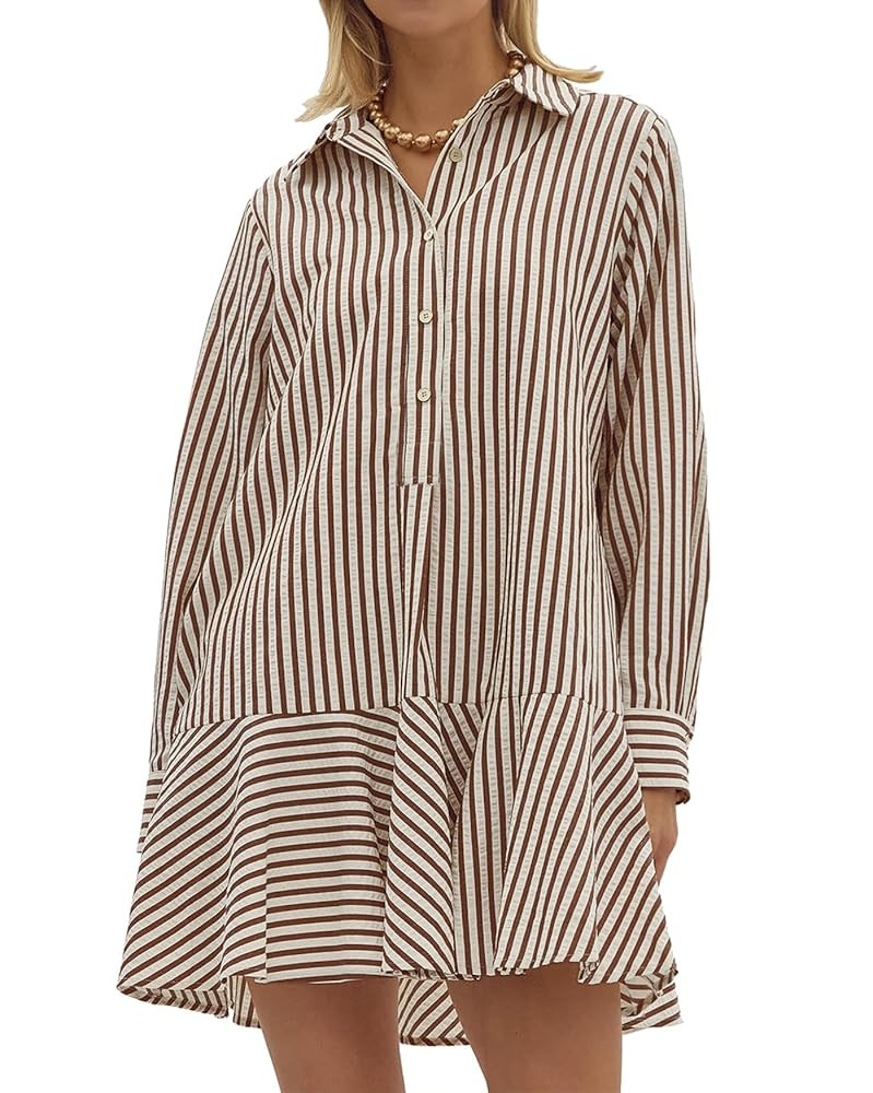 Women's Tunic Mini Shirt Dress Cotton Long Sleeve Ruffle Hem Dress Button Up Shift Chambray Dress... | Amazon (US)