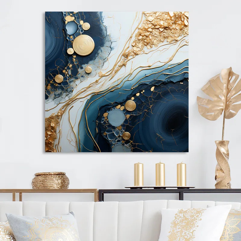 Blue And Gold Marble River I - Liquid Ink Abstract Metal Wall Art | Wayfair North America