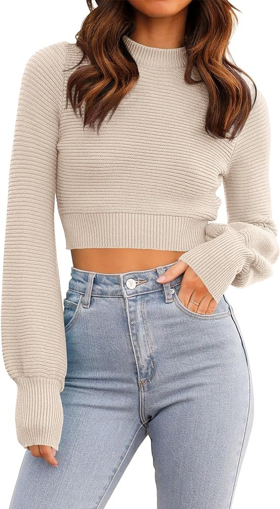 ZESICA Women's Fall Mock Neck Cropped Sweater 2024 Long Sleeve Soft Ribbed Knit Pullover Jumper T... | Amazon (US)