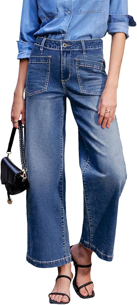 Sidefeel Women's Wide Leg Jeans High Waisted Stretchy Jeans Straight Leg Loose Fit Zimbaplatinum ... | Amazon (US)