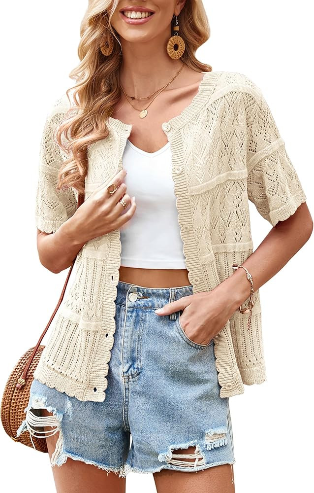 ECOWISH Summer Crochet Cardigans for Women: 2026 Lightweight Short Sleeve Crewneck Button Down Cr... | Amazon (US)