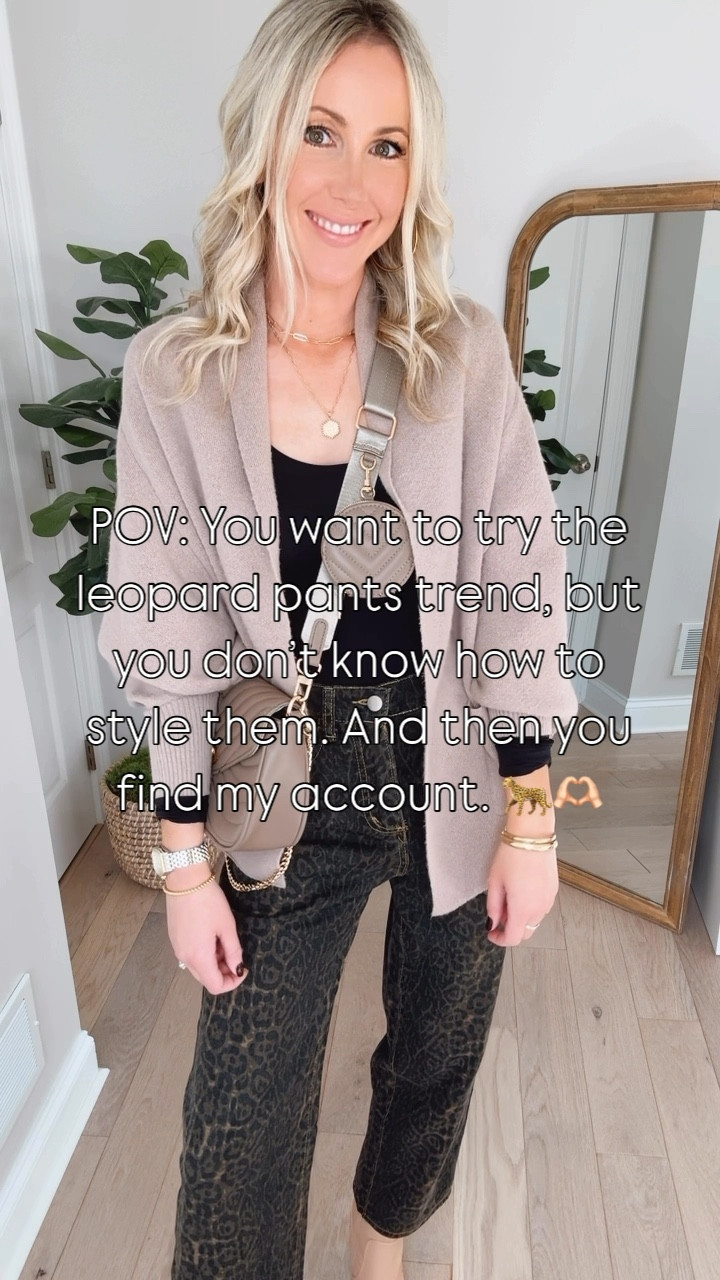 Leopard pants are trending and I’m loving this wide leg pair with a stretchy waist! Love how subtle the print is and this oversized cardigan is the best basic for fall🚨on sale!Wearing small in the pants, color brown. Wearing small in the cardigan, color coffee. I’m 5’7”. 

Fall date night outfit, fall workwear, workwear inspo 

#LTKSaleAlert #LTKVideo #LTKFindsUnder50