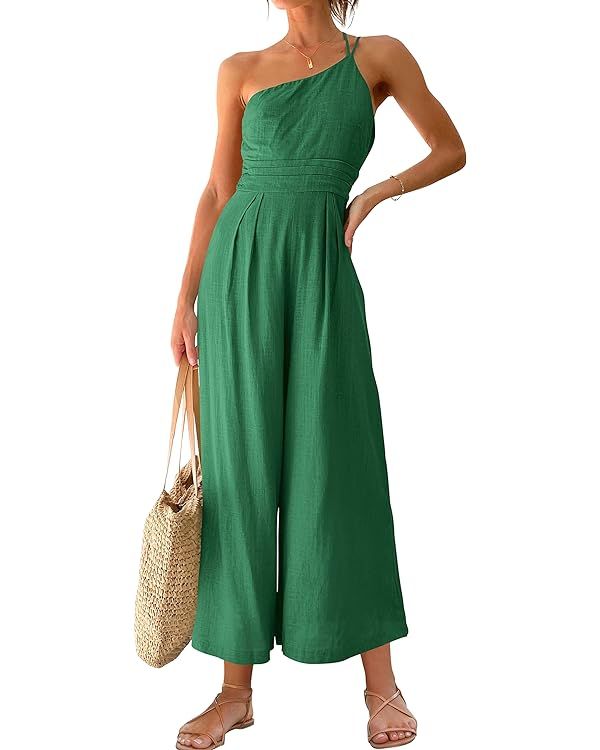 ANRABESS Women's Summer One Shoulder Straps Dressy High Waist Wide Leg Linen Jumpsuit Romper Outf... | Amazon (US)