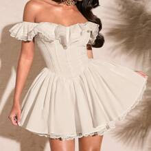 Women's Summer Sweet Off-Shoulder Lace Flounce Sleeve Solid Color Pleated Bust Lace Trim Sweet Puff Dress | SHEIN