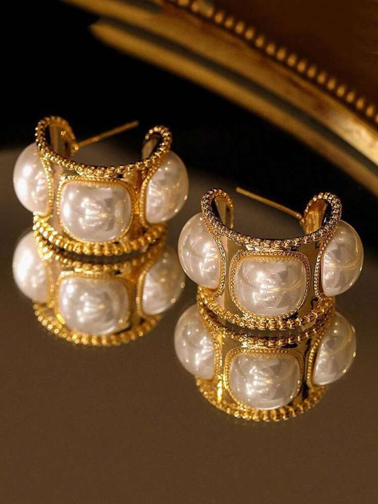 1pair C-Shaped Faux Pearl Vintage Court Style Earrings With Retro Luxury And Sense, Versatile And... | SHEIN
