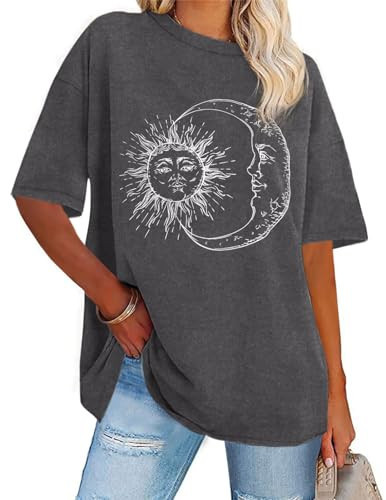 Womens Oversized Tshirt Graphic Tees Crew Neck Summer Short Sleeve Loose Fit Tops (Black Sun Moon, XXL) | Amazon (US)