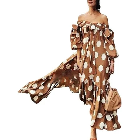 Frontwalk Ladies Sexy Off Shoulder Puff Sleeve Sundress Polka Dot Long Boho Dresses Casual Holiday B | Walmart (US)