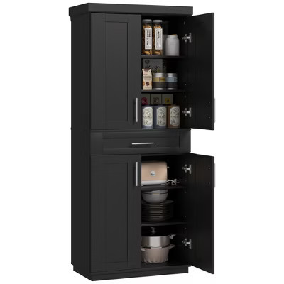 HOMCOM Tall Kitchen Pantry Freestanding Cabinet Cupboard with Doors and Drawer, Adjustable Shelving, Black | Target