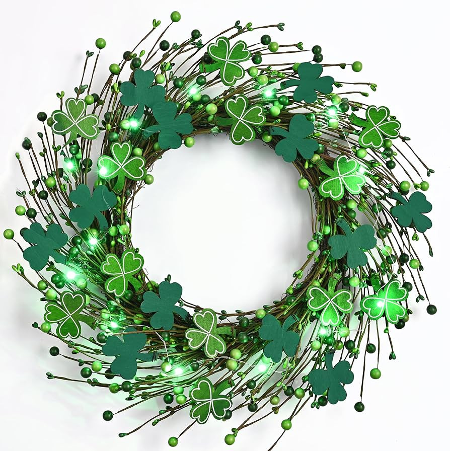 Waipfaru St Patricks Day Decorations, 18in St Patricks Day Wreath for Front Door, Lighted Shamroc... | Amazon (US)