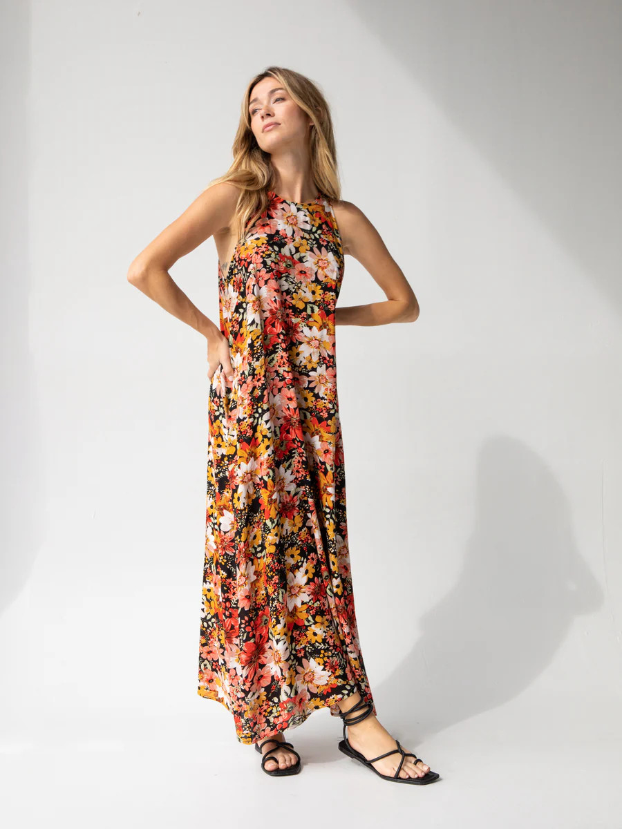 Katie Sleeveless Maxi Dress - Pink Mustard Floral | Natural Life