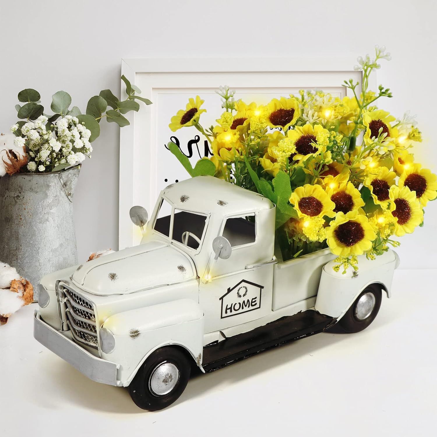 OurWarm Vintage White Truck Decor with Sunflowers Artificial Flowers Farmhouse Table Decor, LED S... | Amazon (US)