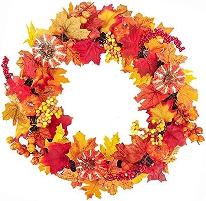 BOMAROLAN Fall Wreath 20 Inch Autumn Artificial Pumpkin Berries Maple Leaves Harvest Wreath for F... | Amazon (US)