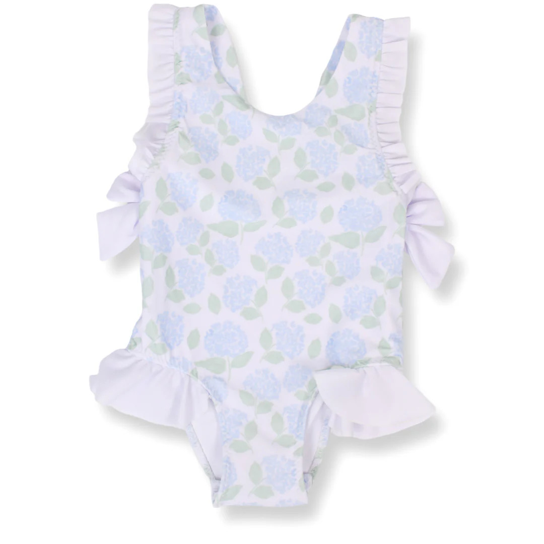 Girls Blue Hydrangea One Piece Ruffle Swimsuit | Lillie & Lilah
