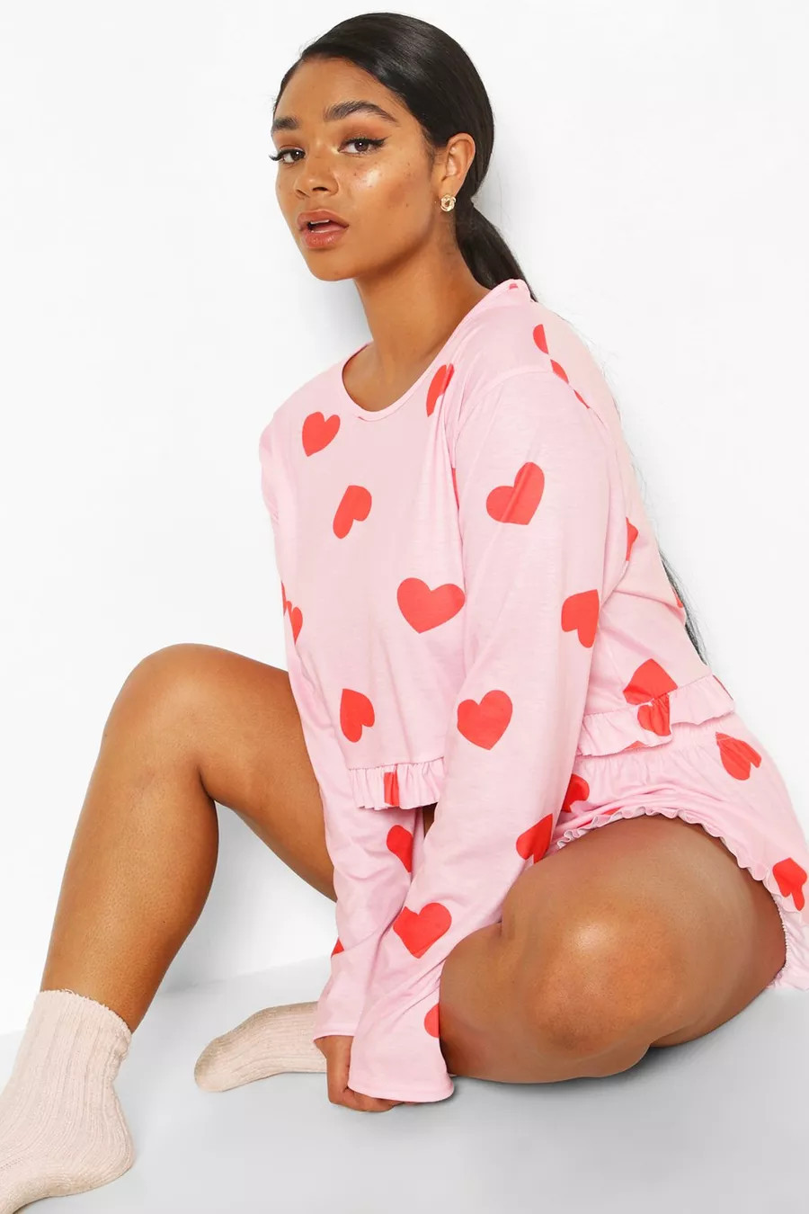Plus All Over Heart Frill PJ Set | Boohoo.com (US & CA)