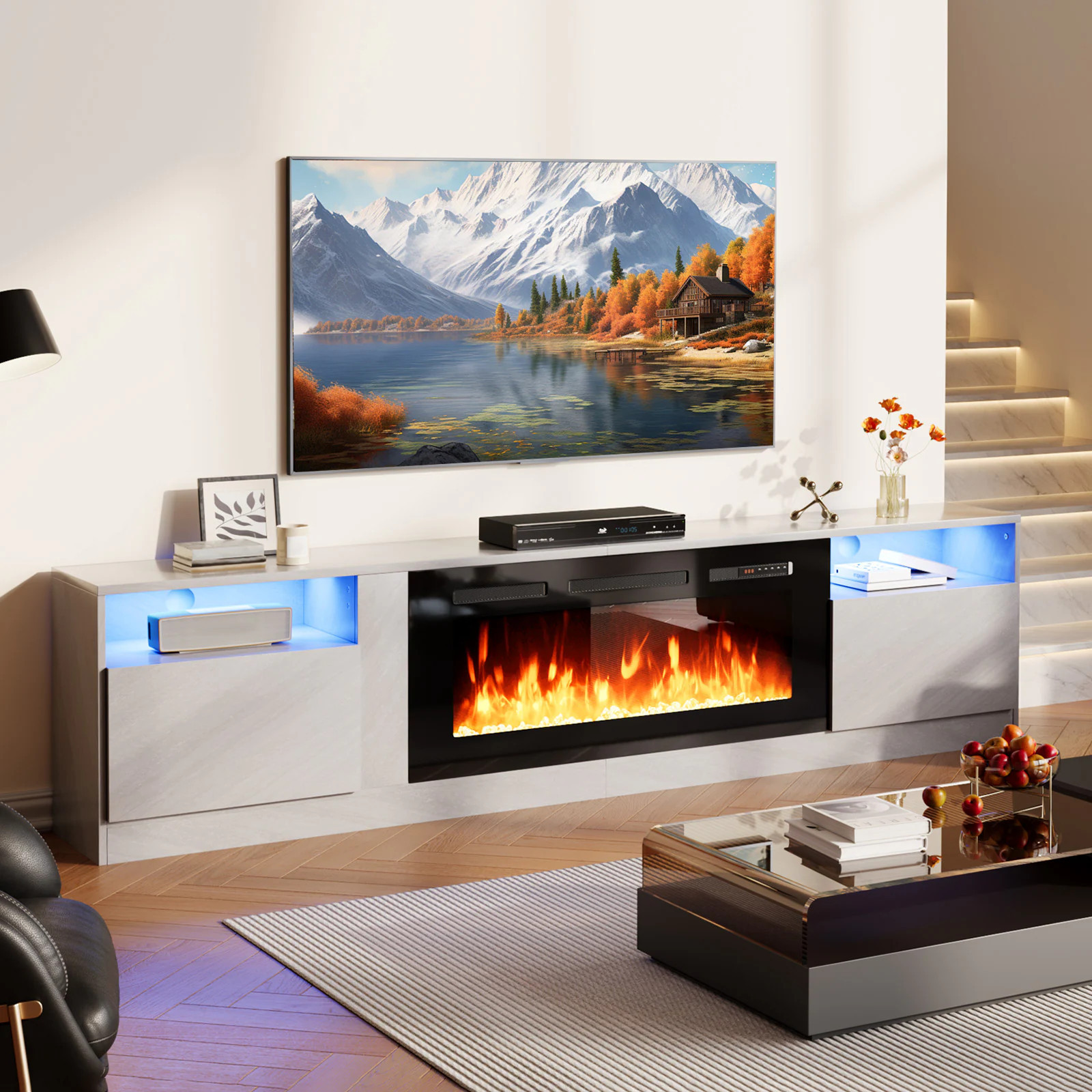 Bapipro 80-in W Gray TV Stand with Infrared quartz Flat wall Electric Fireplace with Remote Control Included | TE22A28G | Lowe's