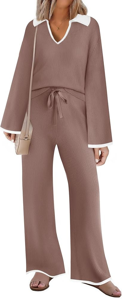 ZESICA Women's Two Piece Thin Sweater Lounge Sets 2024 Fall Winter Oversized Knit Pullover Wide L... | Amazon (US)