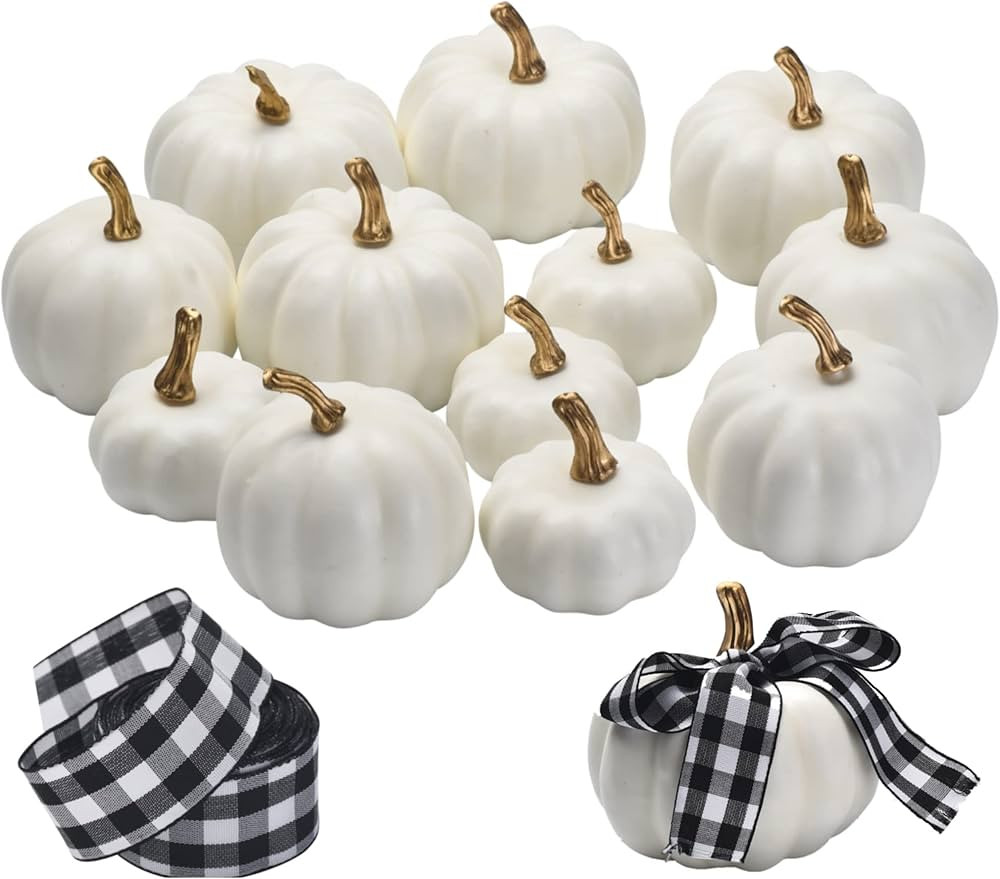 Emuya 12 PC White Pumpkins Decor for Decorating - Gold Stem, & 16' Buffalo Plaid Ribbon, 3 Sizes ... | Amazon (US)