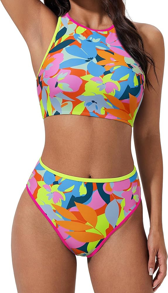 SUUKSESS Women High Waisted Bikini Sets High Neck Sporty Two Piece Swimsuits | Amazon (US)