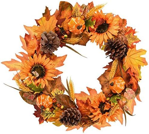 Shiny Flower Artificial Halloween Wreath Natural Fake Sunflowers Pine Cone Wheat Pumpkins Maple L... | Amazon (US)