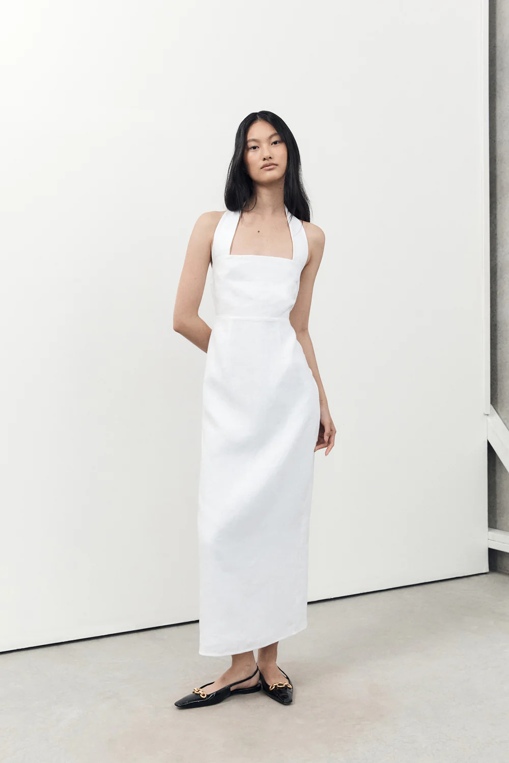 LEO WHITE HALTER LINEN MIDI DRESS | DISSH