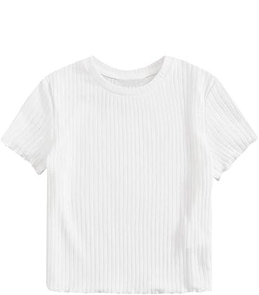 SweatyRocks Women's Solid Crew Neck Ribbed Knit Short Sleeve Crop Top T Shirts | Amazon (US)