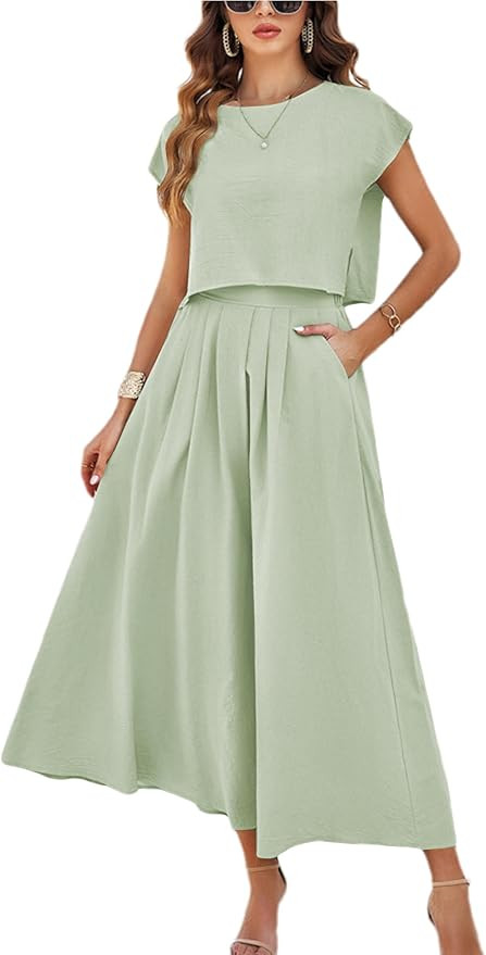 HangNiFang Summer Skirt Sets Women 2 Piece Outfits Cap Sleeve Top Elastic Waist Maxi Dress Sets w... | Amazon (US)