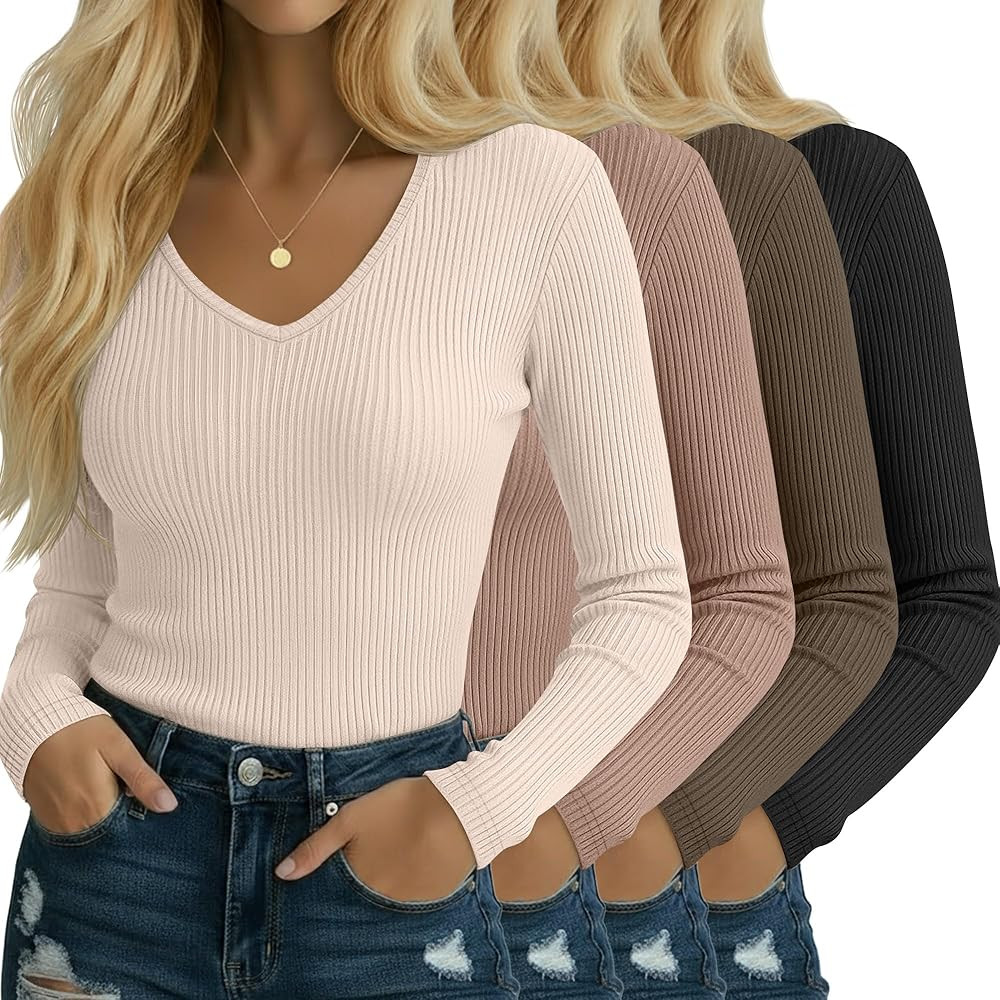 Neer 4 Pack Women's Ribbed Tops V Neck Cotton Long Sleeve Shirts Fall Slim Fit Ladies Casual Basi... | Amazon (US)