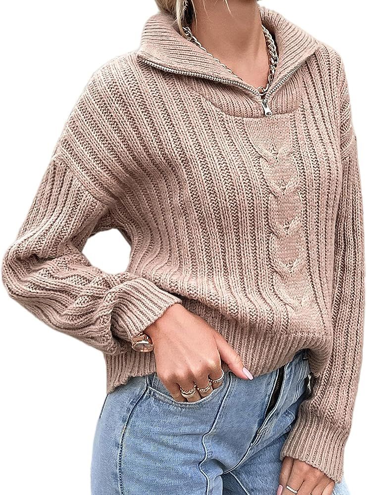 Amegoya Women's Casual Zip Up Long Sleeve Knitted Sweater Cable Knit Polo Stand Collar Cozy Pullover | Amazon (US)