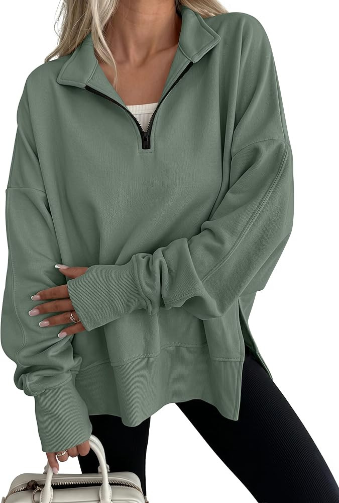 Long Sleeve V Neck Zip Up Collared Top, Soft Loose Side Slit Hoodie, Casual Going Out Athleisure ... | Amazon (US)