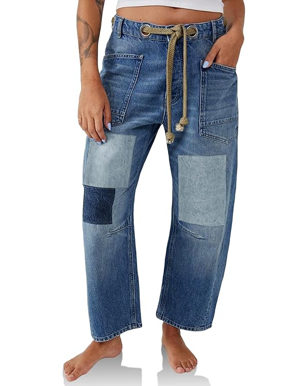 PLNOTME Womens Baggy Barrel Horseshoe Jeans Wide Leg Patchwork Low Rise Denim Pants with Pockets | Amazon (US)