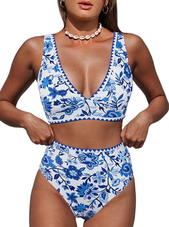 Hilinker Women's Leopard Bikini Swimsuits V Neck High Waisted 2 Piece Bathing Suits | Amazon (US)