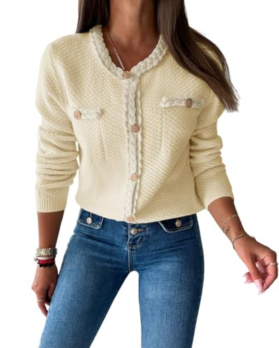 Saodimallsu Womens Button Up Cardigan Long Sleeve Open Front Cable Knit Fall Trendy Sweater Jacket with Pockets | Amazon (US)