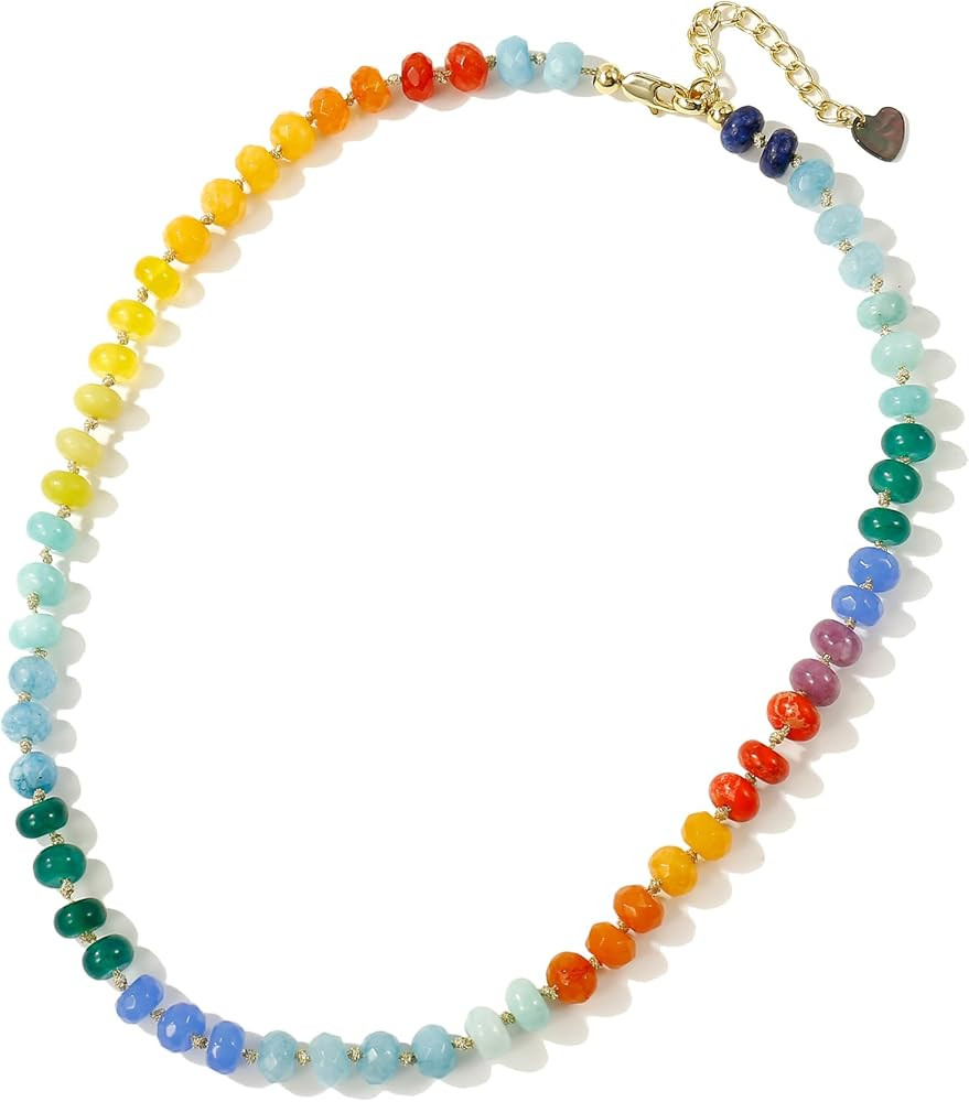 Gemstone Beaded Necklace for Women Colorful Natural Stone Freshwater Pearl Surfer Beach Rainbow N... | Amazon (US)