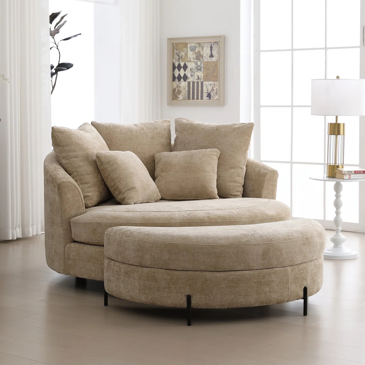59.8" W Upholstered Oversized Slipcovered Accent Barrel Lounge Chair With Crescent Storage Ottoma... | Wayfair North America