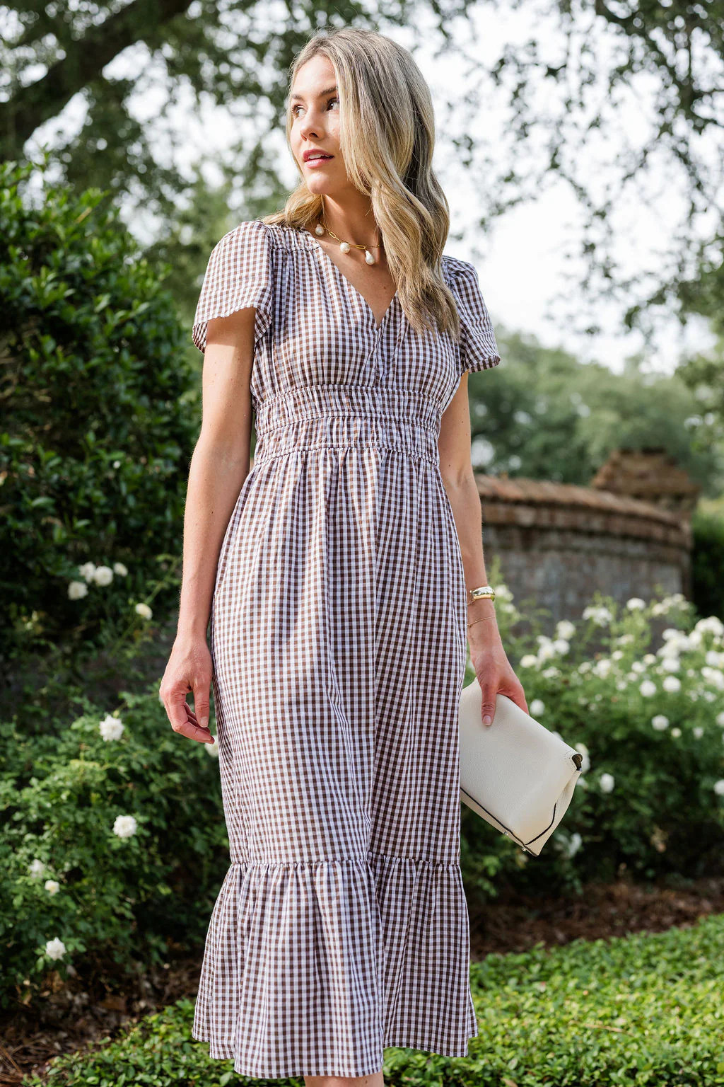 Dawn Midi Dress in Brown Gingham | Duffield Lane