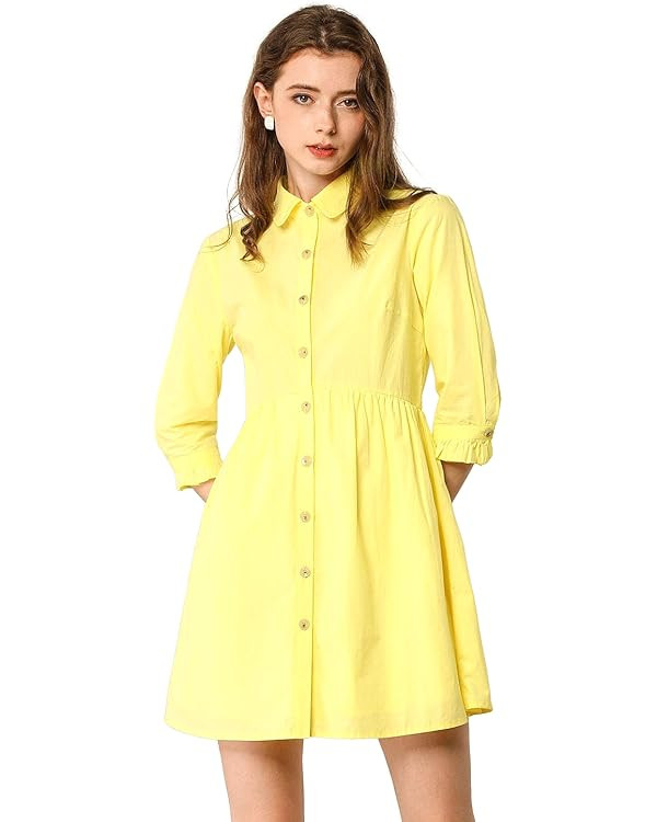 Allegra K Women's Shirt Dress Button Down 3/4 Sleeve School Work Mini Casual Shirtdresses | Amazon (US)